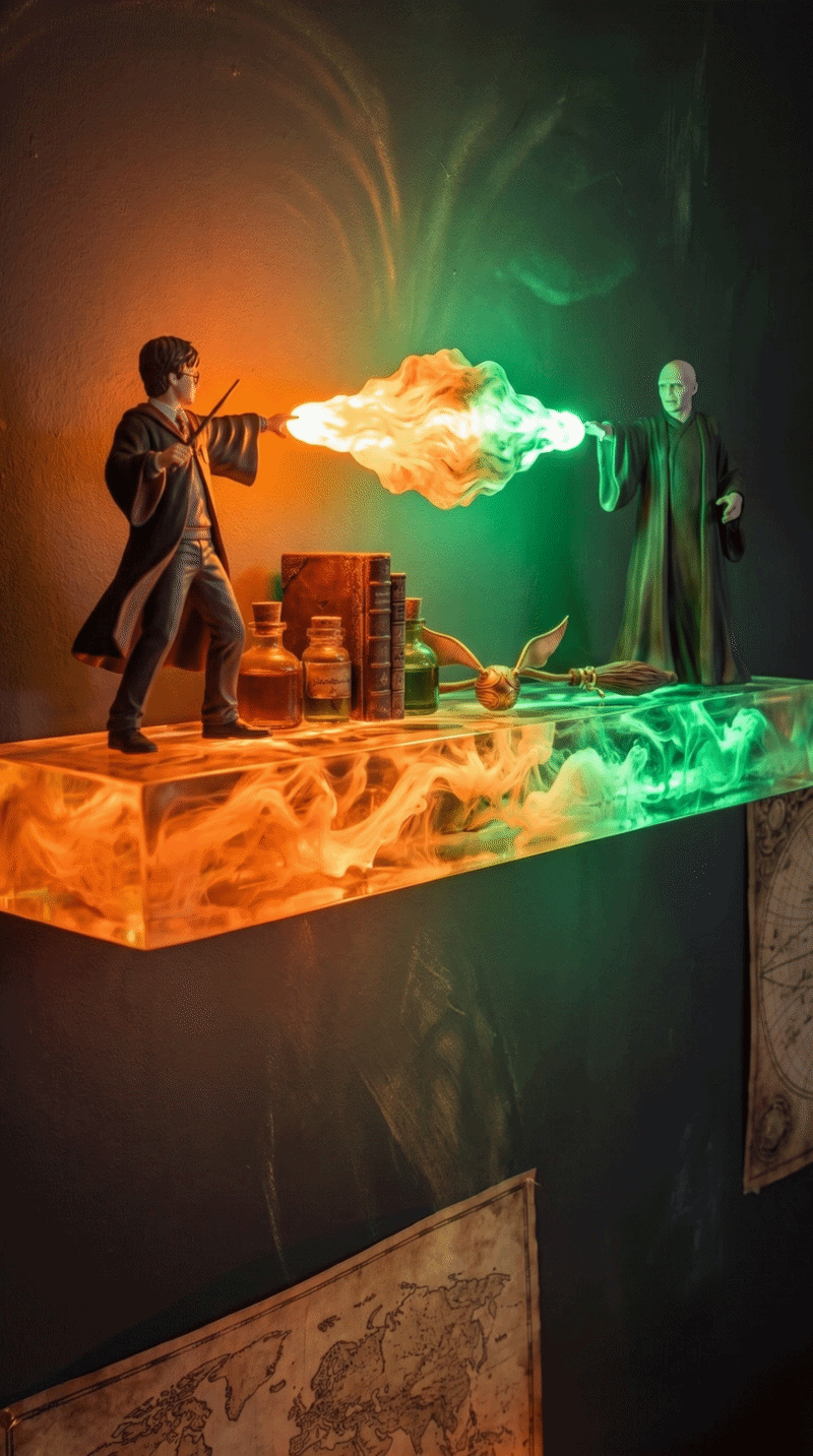 Illuminated wizard shelf glowing at night